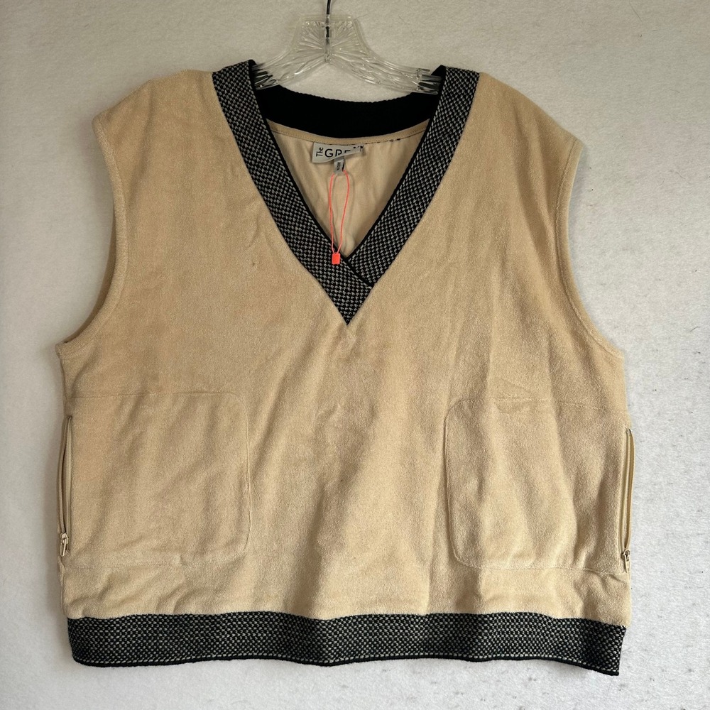The Greii Tan Terry Cloth V-Neck Sweater Vest Contrast Trim M1102A Small‎